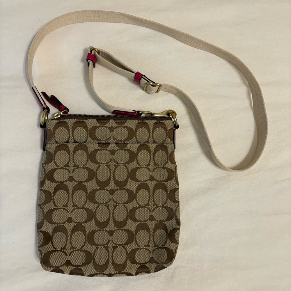 Coach Tan and Pink Monogram Crossbody Messenger Bag - Picture 2 of 7